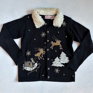 BASIC EDITIONS HOLIDAY Women's Sweater Cardigan Vintage Black Beaded Small